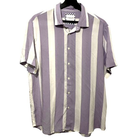 Denim & Flower Mens Button Up Shirt Size Large Purple White Stripes Short Sleeve - Picture 1 of 12